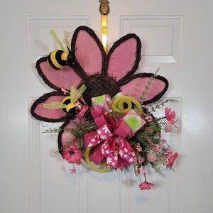 Pink Sunflower with Bees Wreath, Pink Sunflower/Bee‎ Front Door Wreath